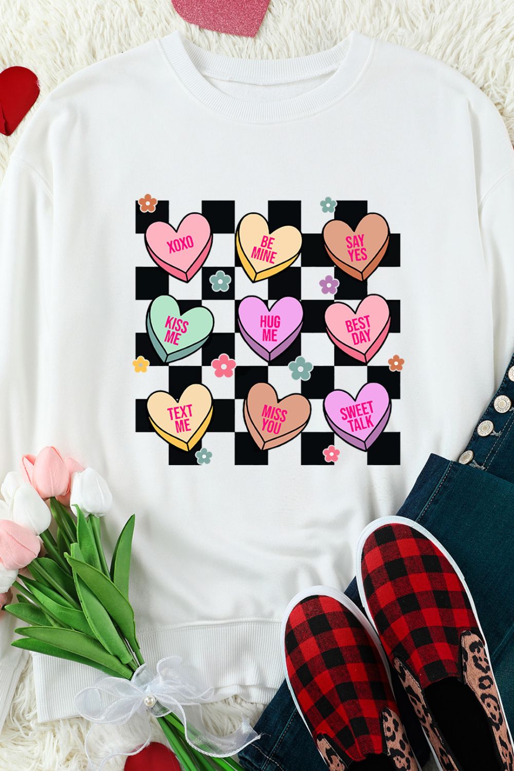 Valentine's Day White Checkered Heart Long Sleeve Sweatshirt