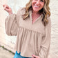 Corded Johnny Collar Long Sleeve Babydoll Blouse
