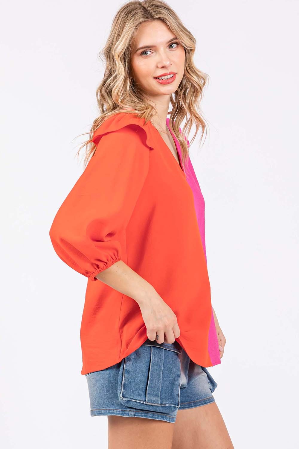 GeeGee Full Size Ruffle Trim Contrast Blouse *