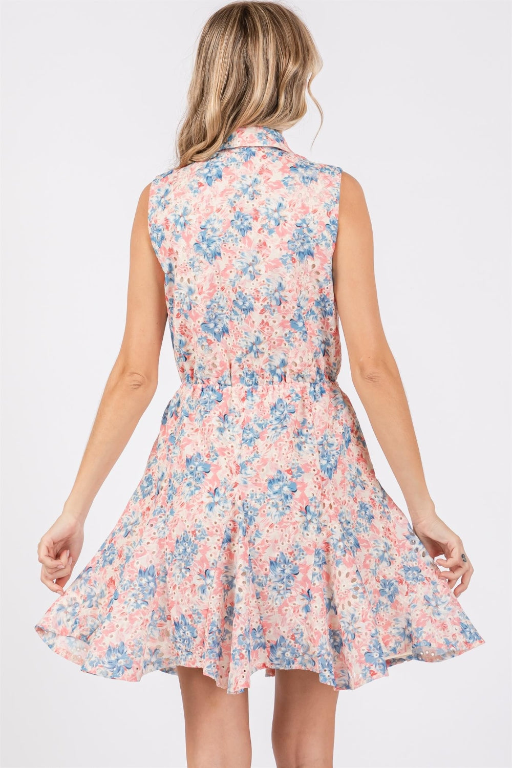 GeeGee Full Size Floral Eyelet Sleeveless Mini Dress *