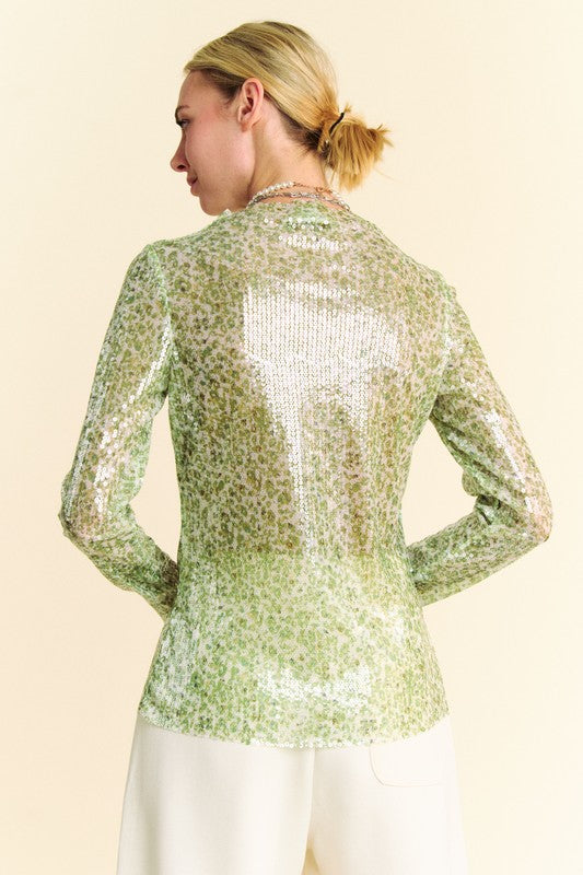 Davi & Dani Sequin Mock Neck Long Sleeve Mesh Top