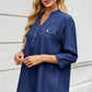 Notched Three-Quarter Sleeve Denim Top