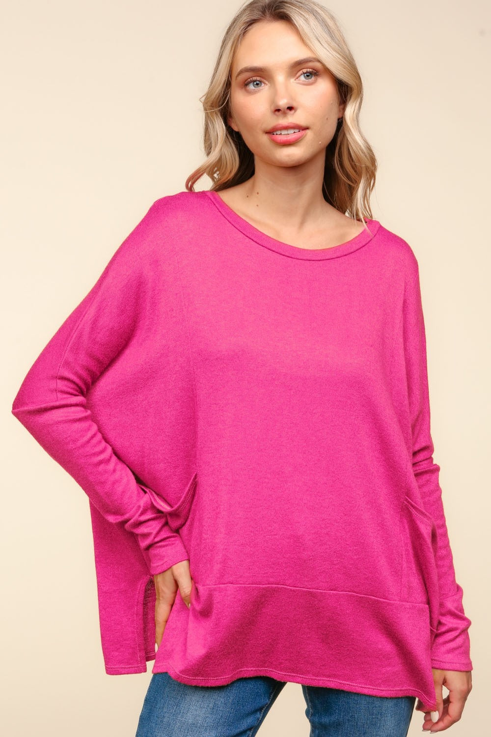 Haptics Dolman Long Sleeve Oversized Knit Top with Pockets