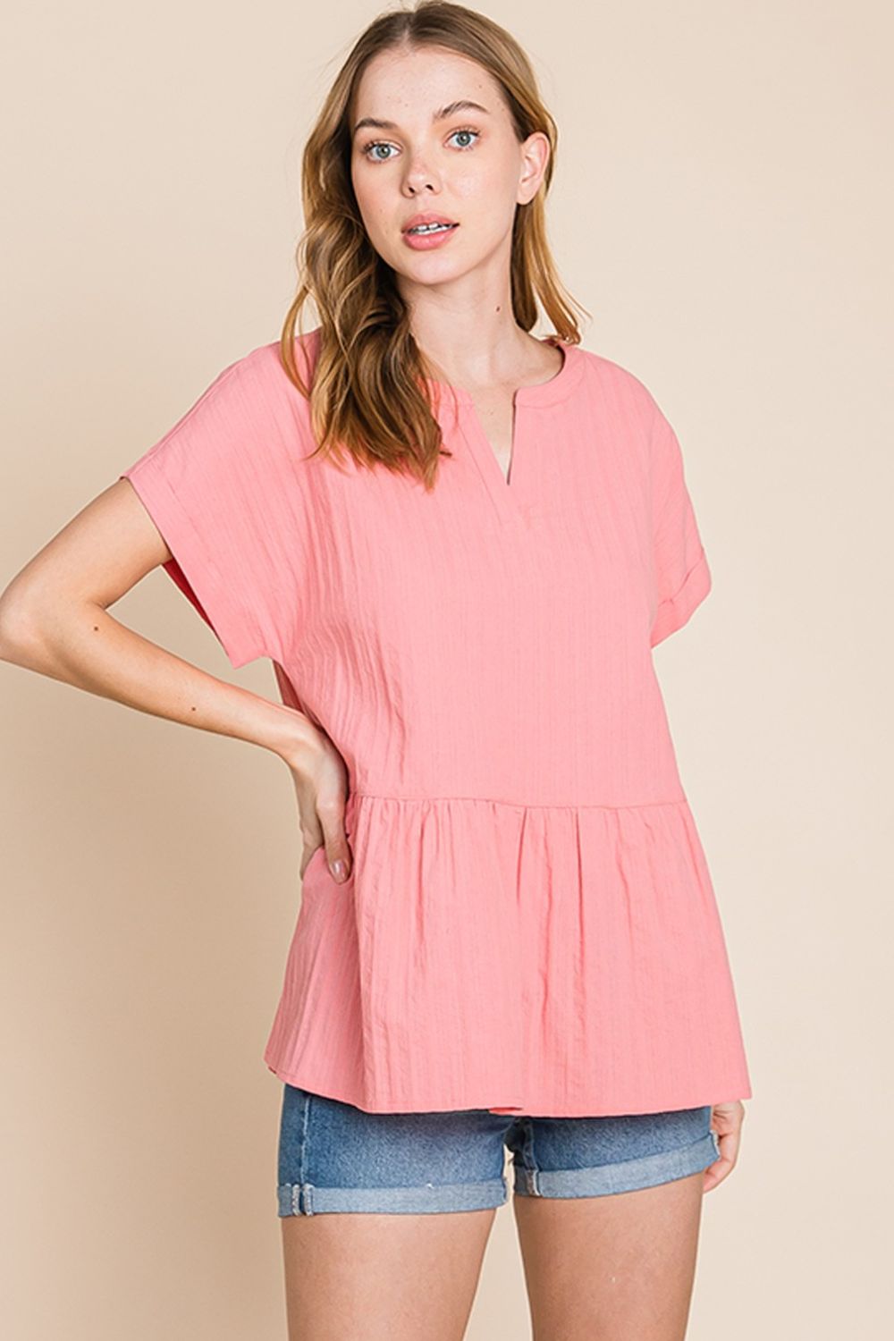 Cotton Bleu by Nu Label Notched Short Sleeve Peplum Top *