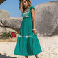 Embroidered Square Neck Cap Sleeve Dress