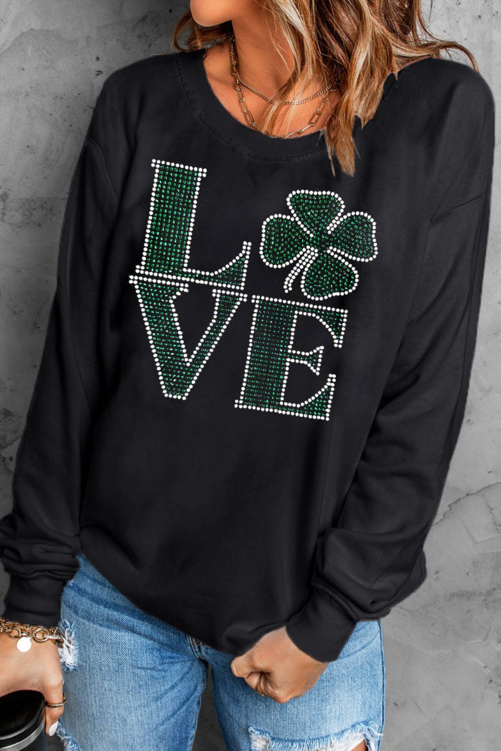 LOVE Rhinestone Clover Black Round Neck Sweatshirt