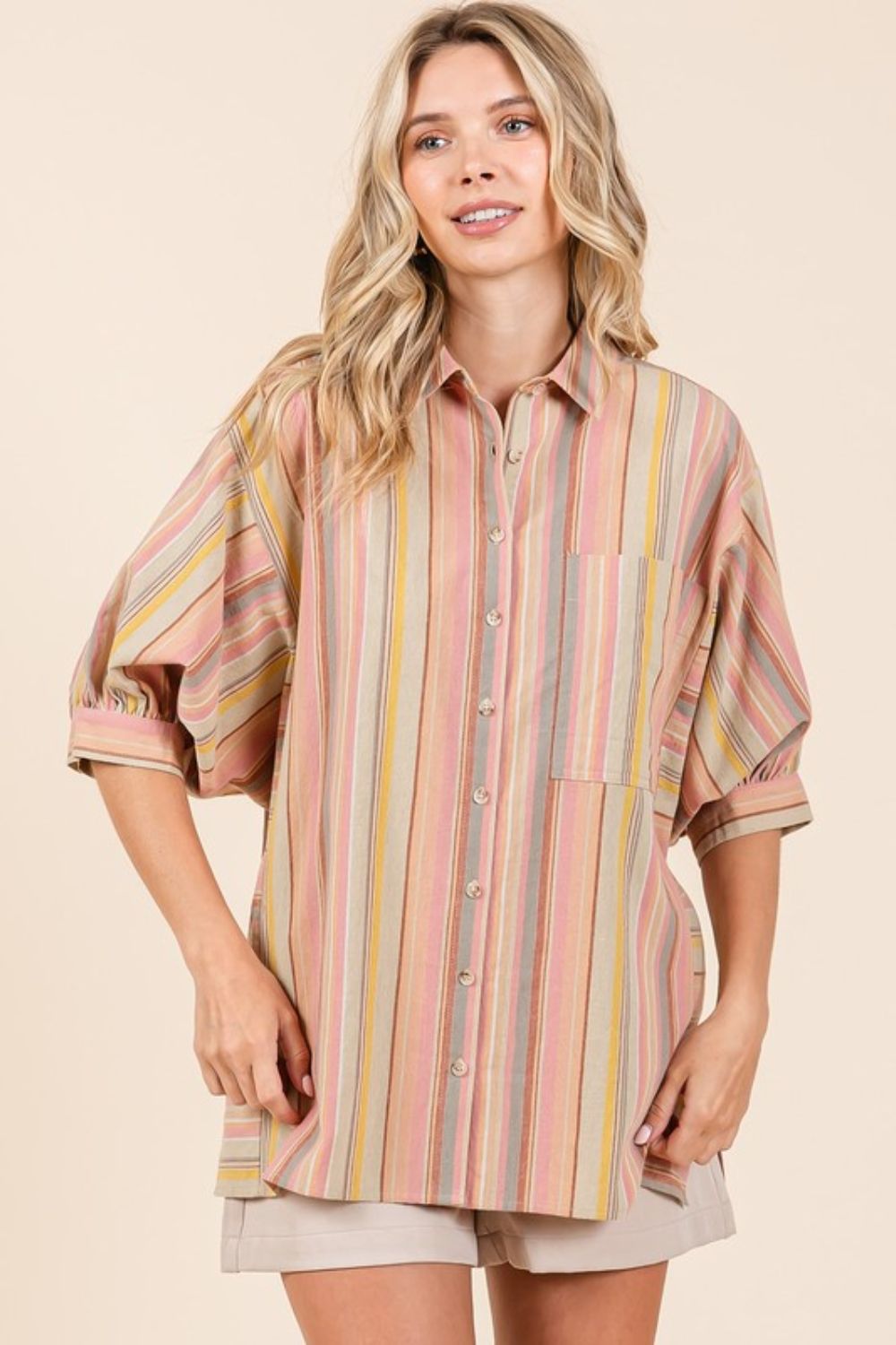Mittoshop Striped Bubble Sleeve Button Down Shirt *