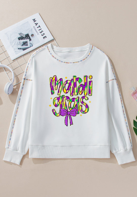 MARDI GRAS White Round Neck Long Sleeve Sweatshirt