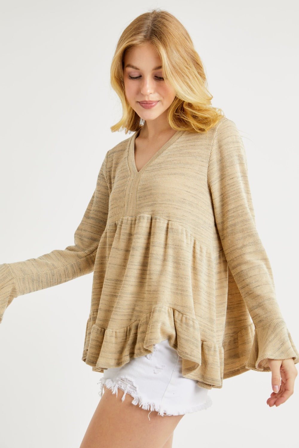 Hailey & Co V-Neck Flounce Sleeve Knit Top *