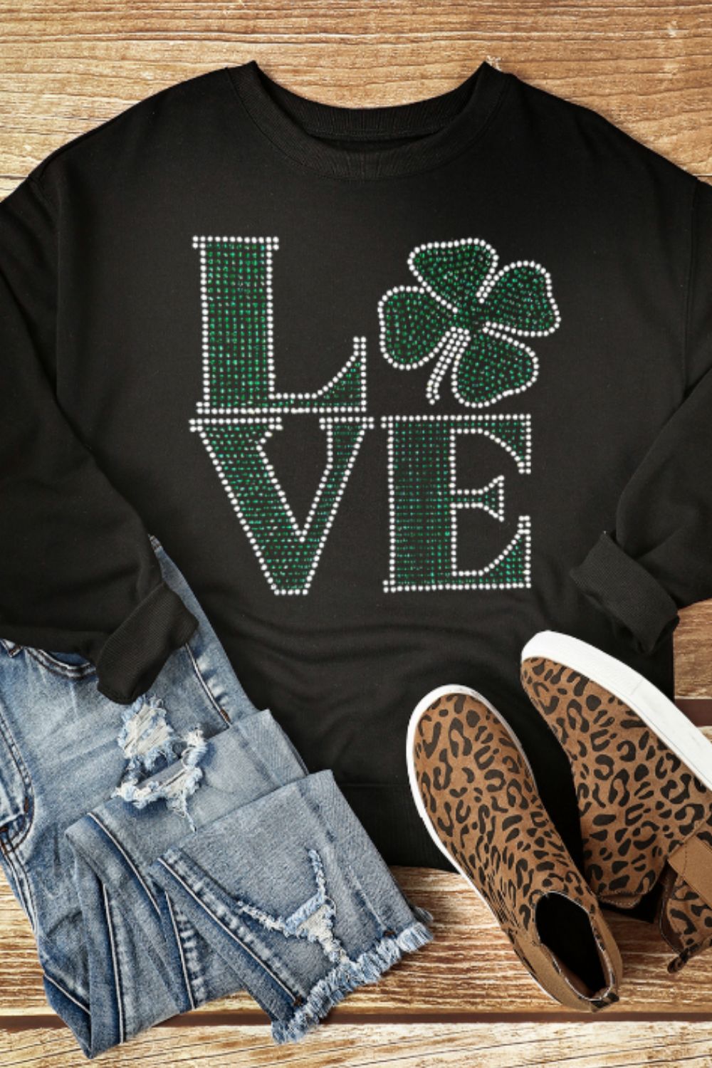 LOVE Rhinestone Clover Black Round Neck Sweatshirt