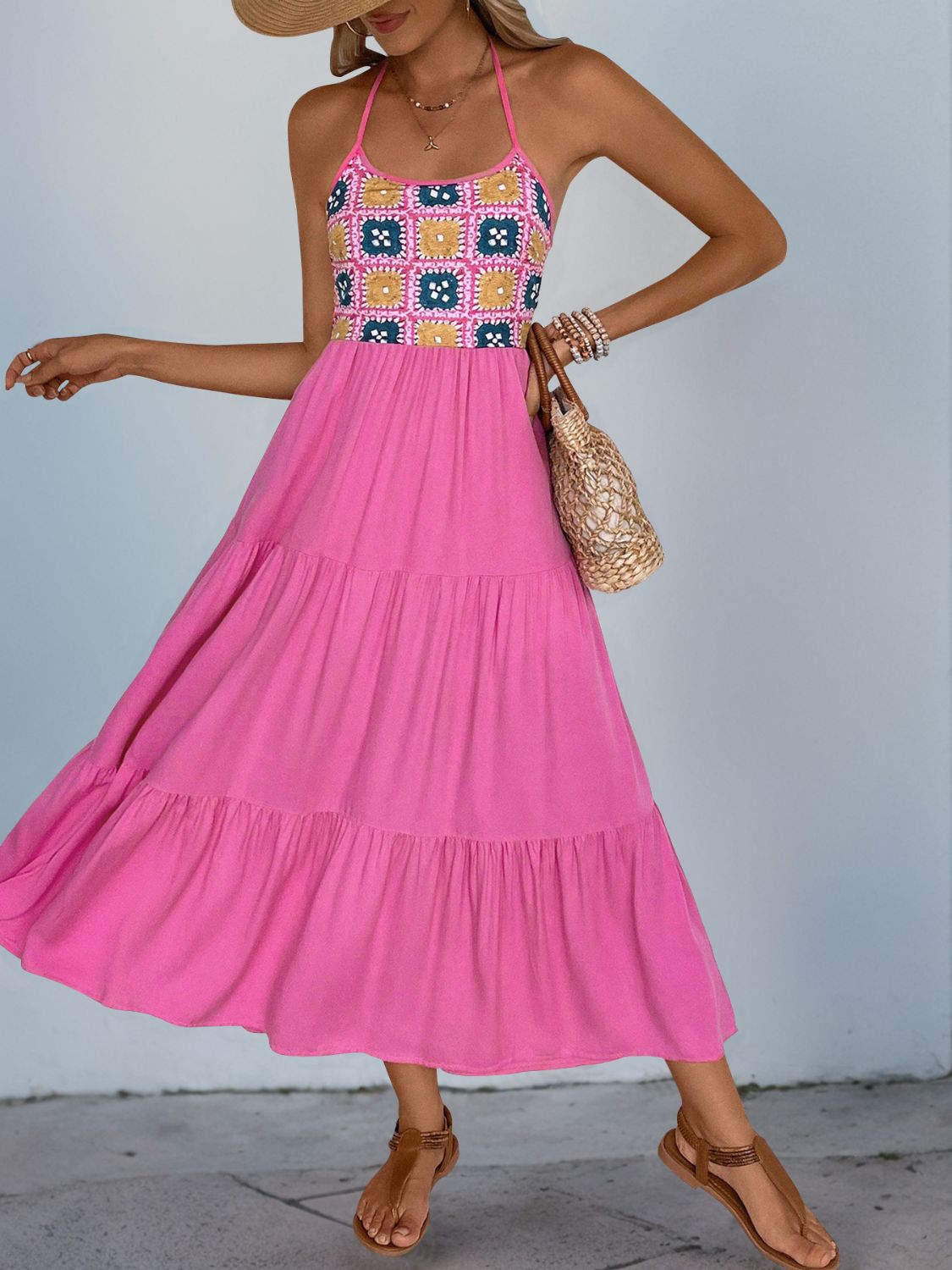 Perfee Printed Halter Neck Tiered Midi Dress