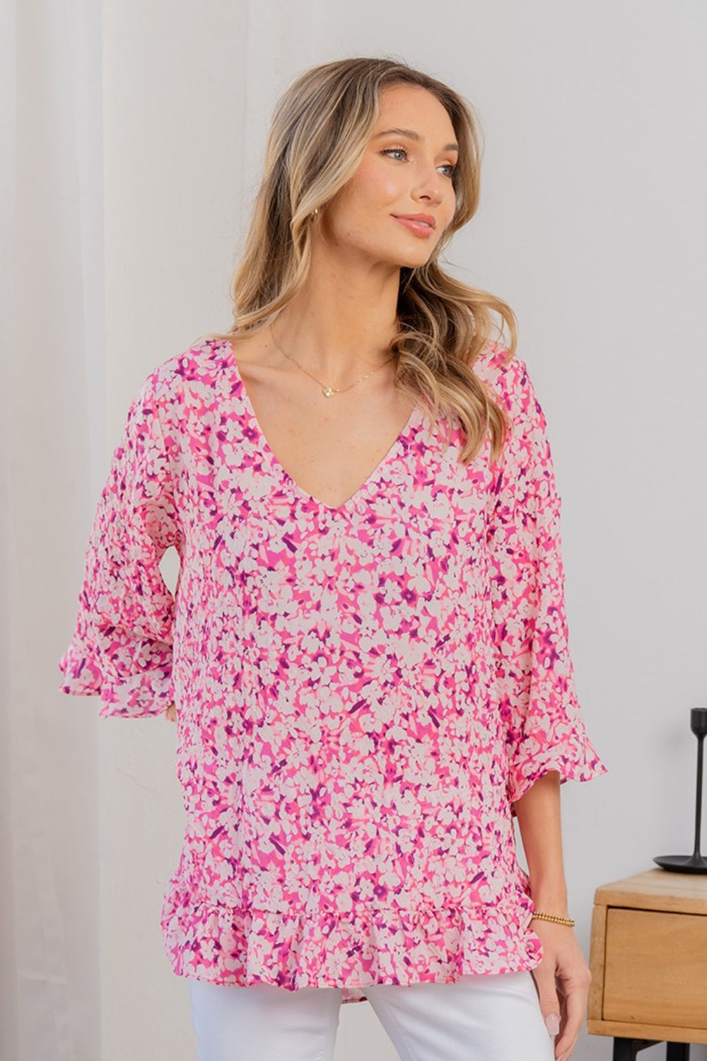 Sew In Love Full Size Floral V-Neck Flounce Sleeve Top *