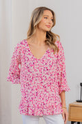 Sew In Love Full Size Floral V-Neck Flounce Sleeve Top *
