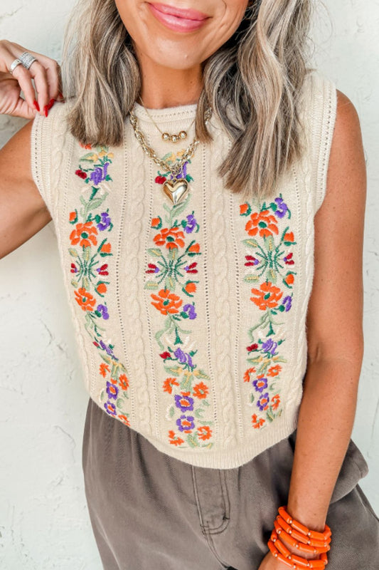 Embroidered Cable-Knit Round Neck Sweater Vest