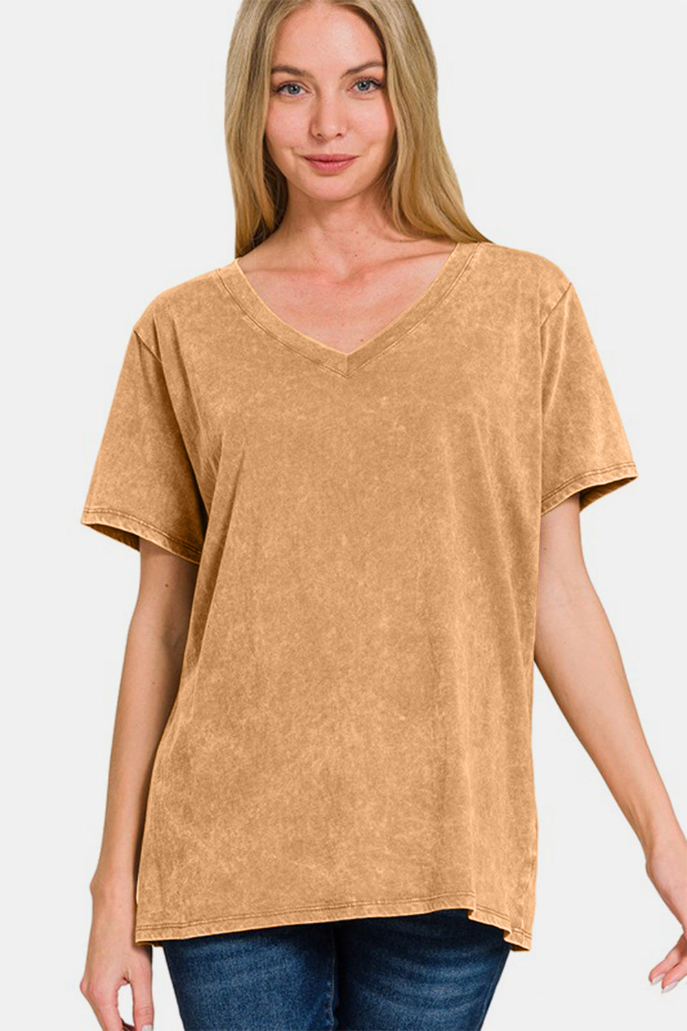 Zenana Full Size Washed Short Sleeve V-Neck T-Shirt *