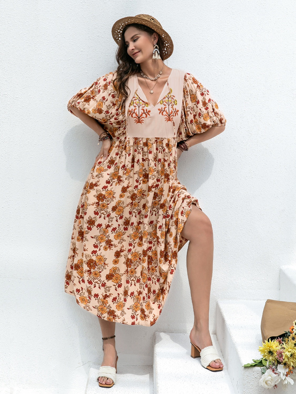 Plus Size Floral Printed Tie Neck Half Sleeve Midi Dress