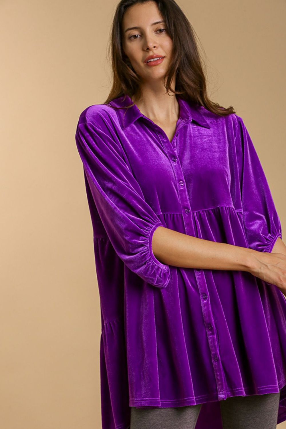 Umgee Full Size Button Down Tiered Back High Low Shirt *