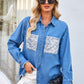 Raw Hem Button Up Long Sleeve Denim Jacket with Sequin Pockets