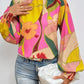 Floral Smocked Lantern Sleeve Mock Neck Blouse
