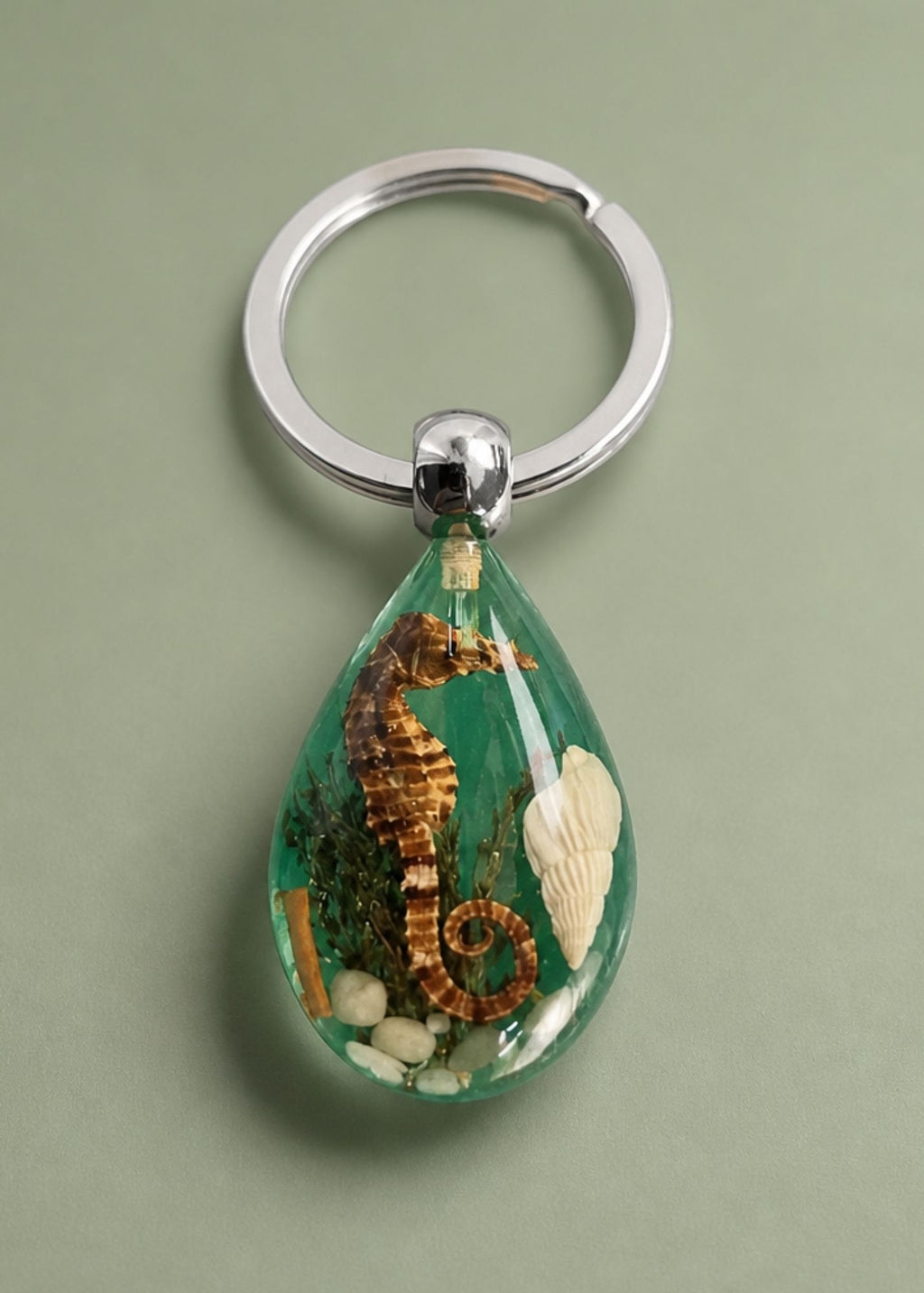 Handmade Faux Seahorse Keychain – Green Background