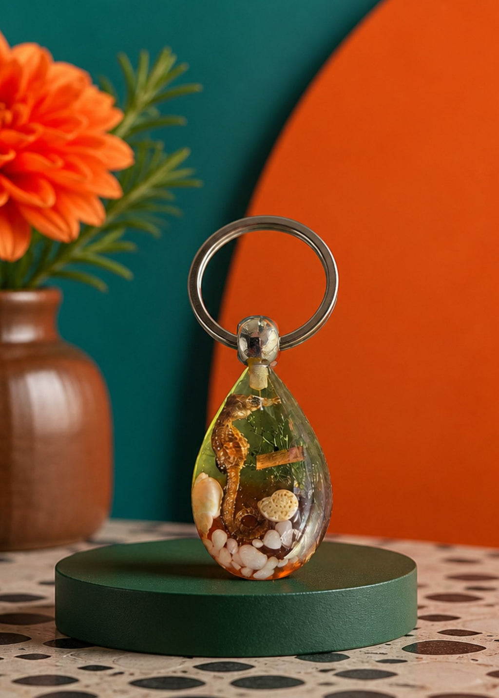 Handmade Faux Seahorse Keychain – Light Orange Background