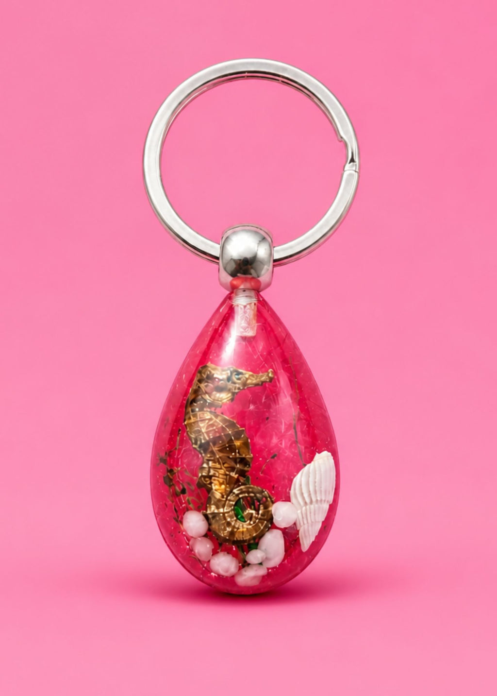 Handmade Faux Seahorse Keychain – Dark Pink Background