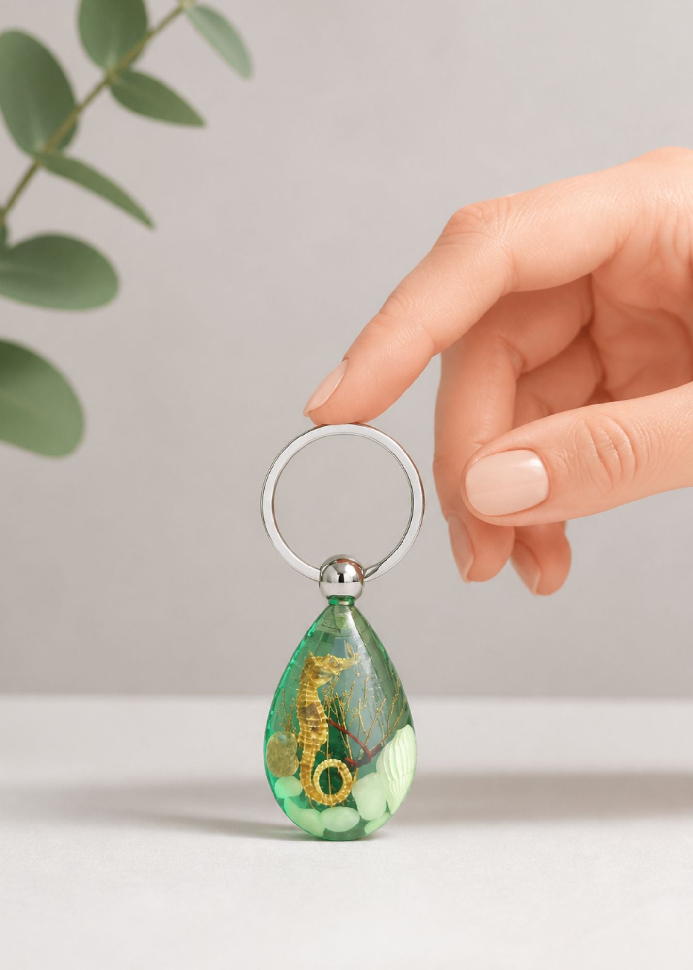 Handmade Faux Seahorse Keychain – Light Blue-Green Background