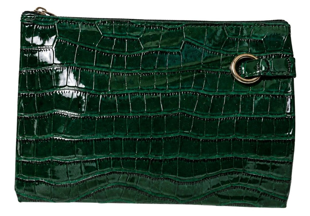 Emerald Green Faux Croc Skincare Travel Case with Jade Facial Roller Set – 4-Piece Beauty Collection