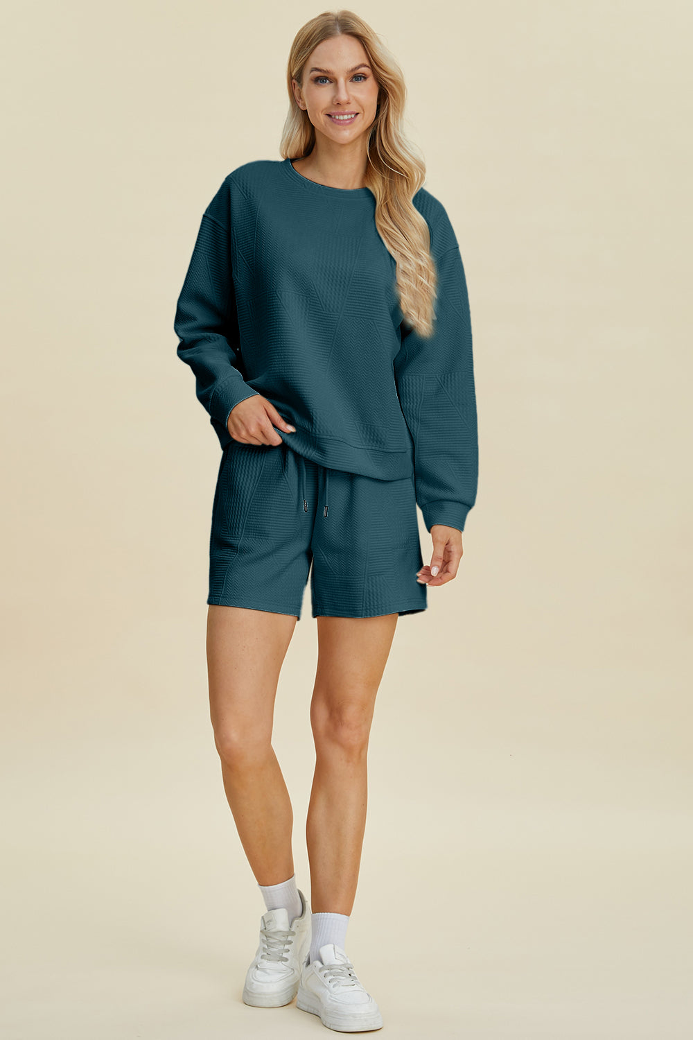Double Take Full Size Texture Round Neck Long Sleeve Top and Shorts Set *