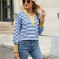 Contrast Striped Notched Long Sleeve Top