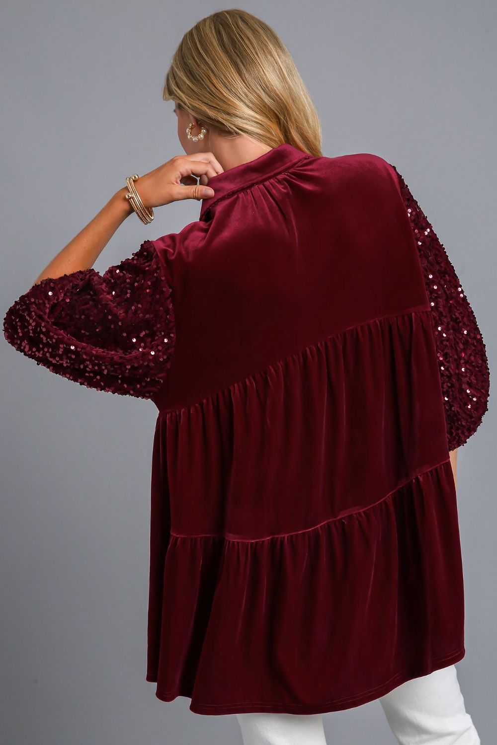 Umgee Sequin Detail Tiered Back Half Sleeve Shirt *