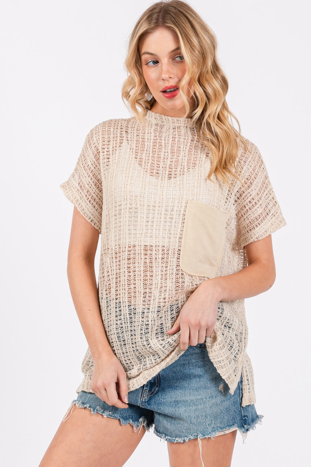 Ces Femme See Through Crochet Mock Neck Cover Up *