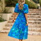 Smocked Printed V-Neck Half Sleeve Midi Dress