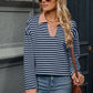 Striped Johnny Collar Long Sleeve Sweatshirt