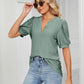 Eyelet Short Puff Sleeve Notched Neck Top