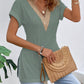 Slit Eyelet V-Neck Short Sleeve Blouse