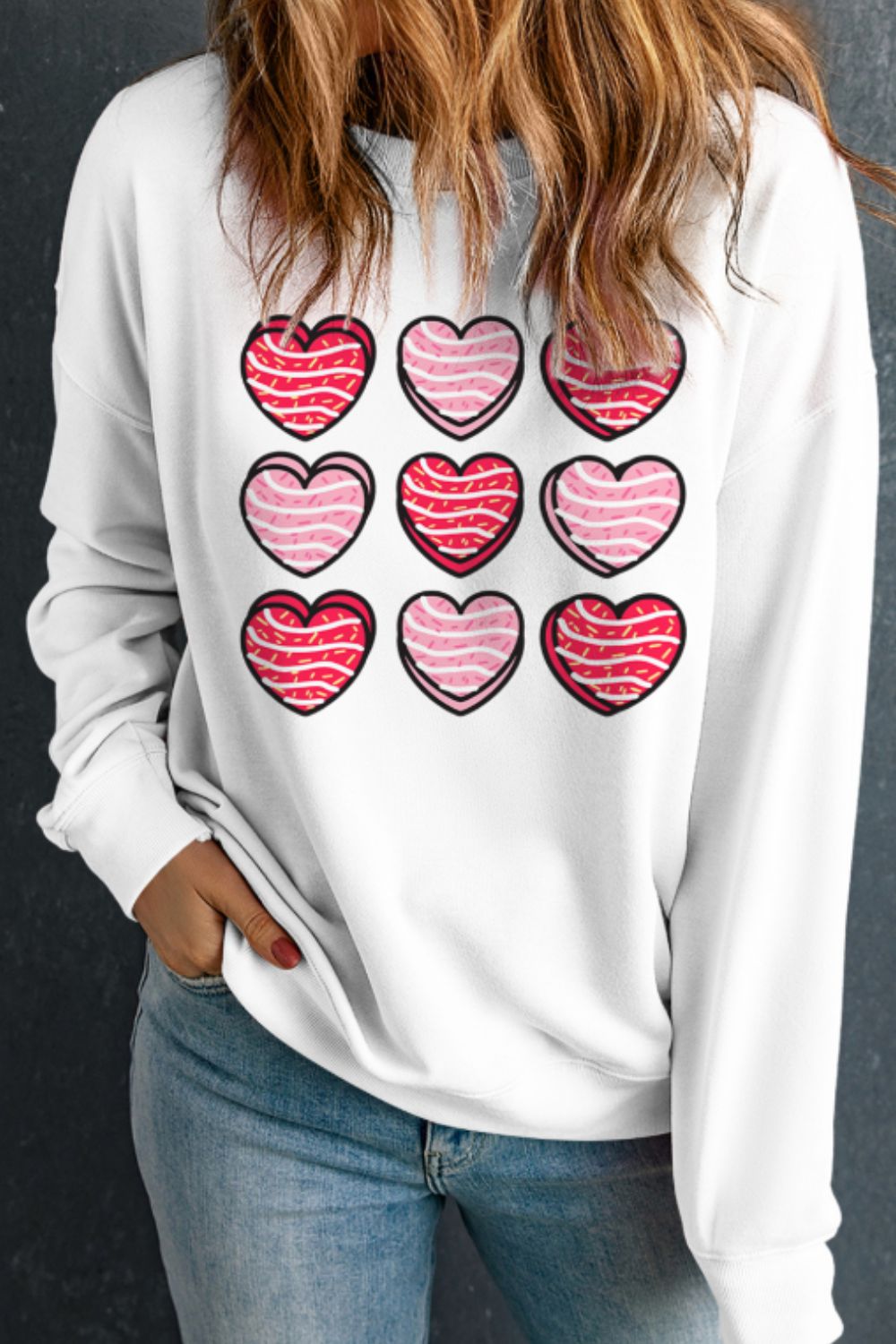 Valentine's Day Heart White Round Neck Long Sleeve Sweatshirt