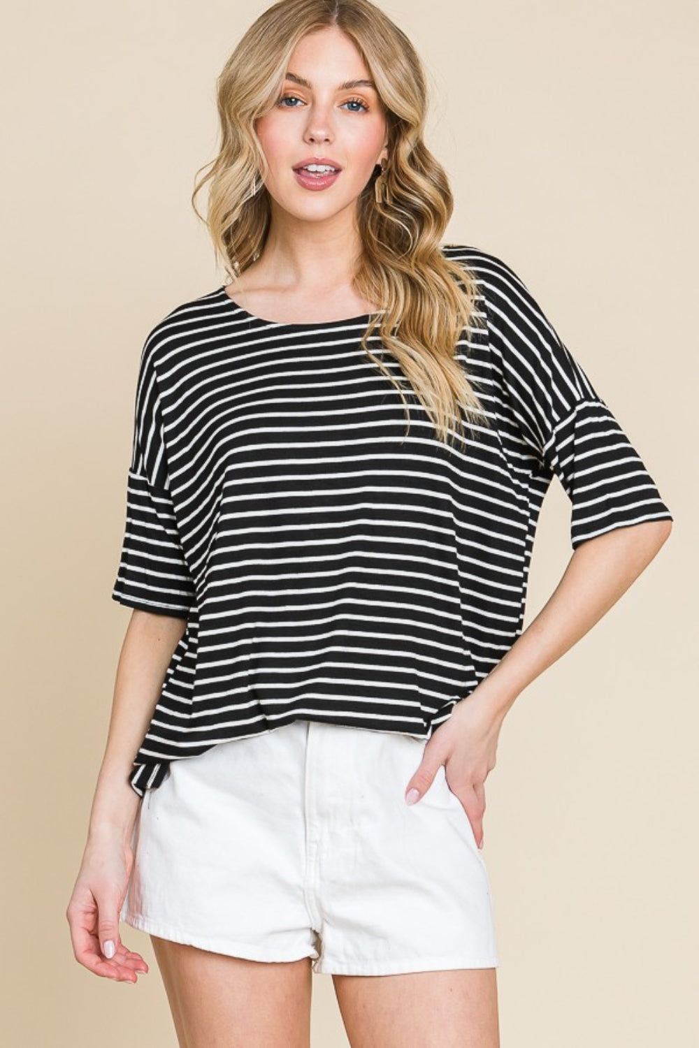 BOMBOM Striped Round Neck T-Shirt *