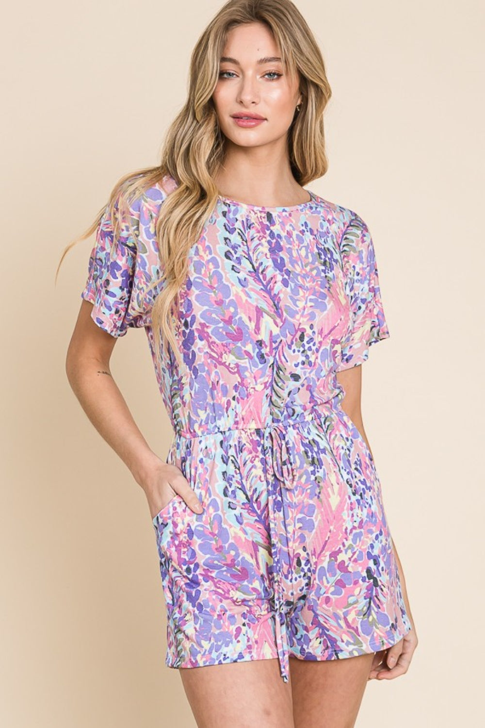 BOMBOM Print Short Sleeve Romper with Pockets *
