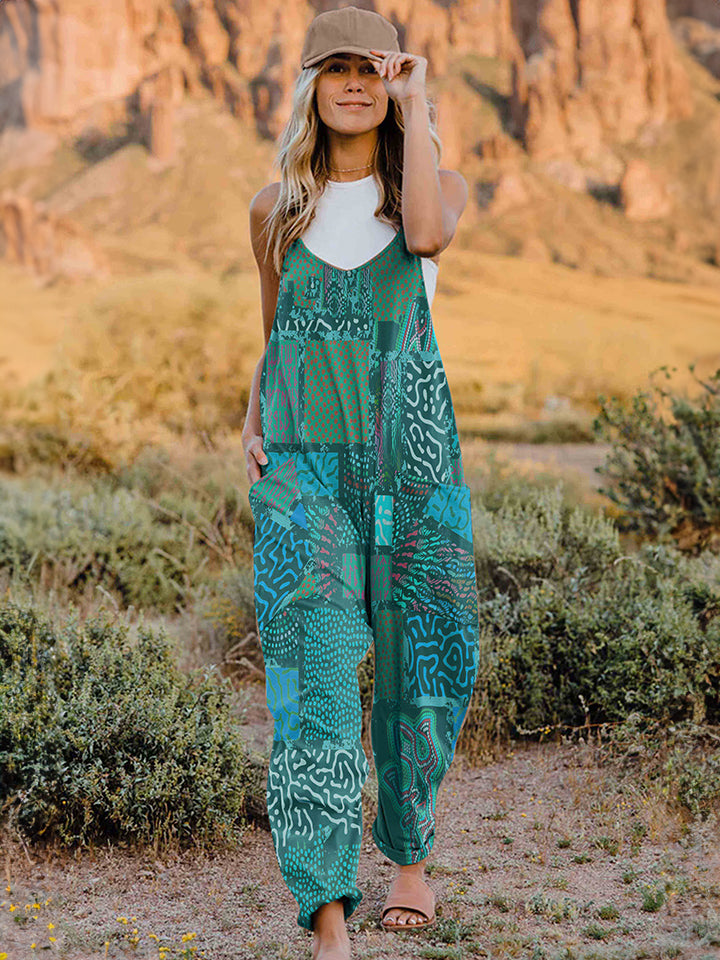 Double Take Full Size Printed V-Neck Sleeveless Jumpsuit *