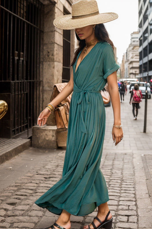 Surplice Tie Waist Short Sleeve Maxi Dress