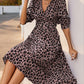 Perfee Leopard Surplice Long Sleeve Midi Dress