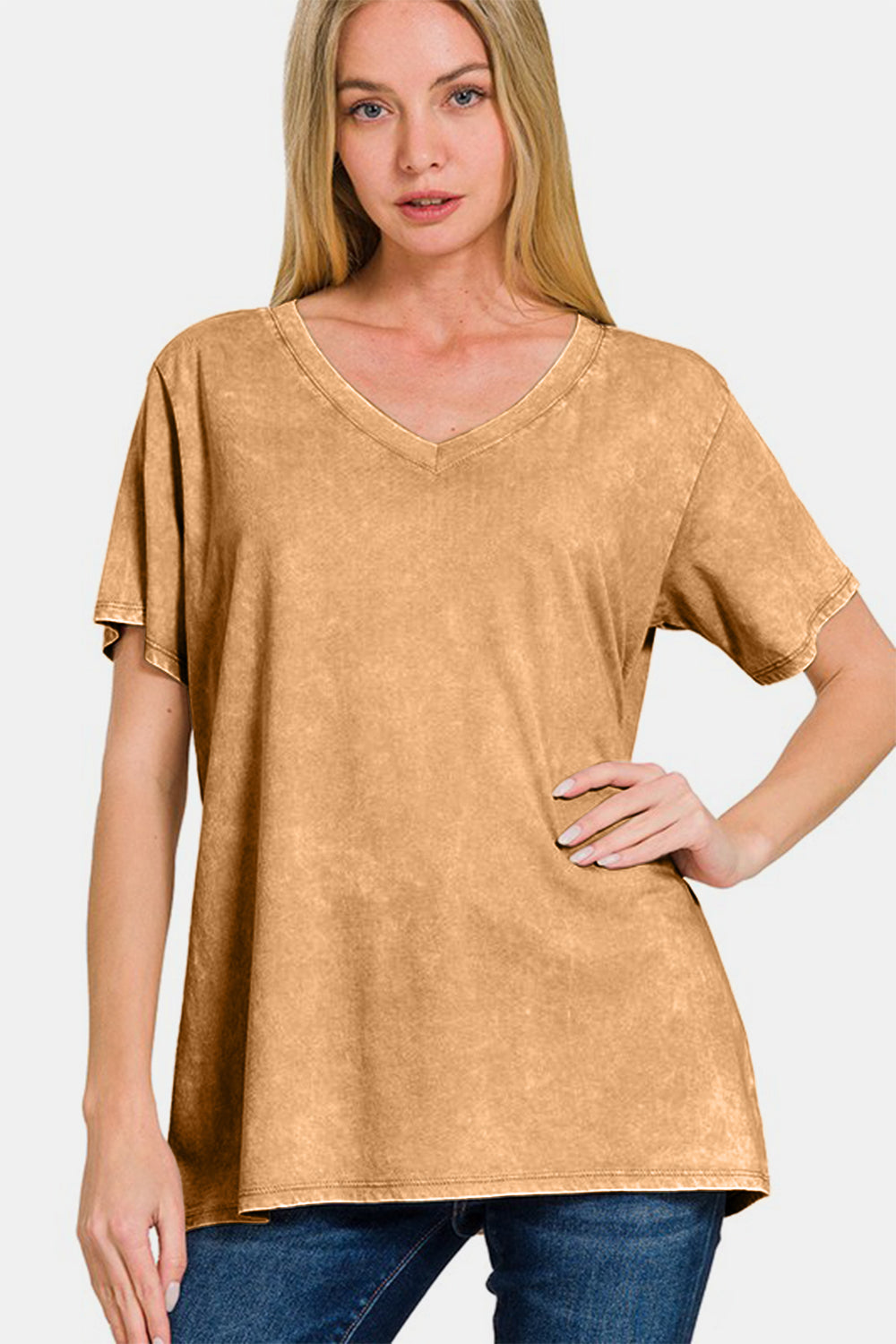 Zenana Full Size Washed Short Sleeve V-Neck T-Shirt *