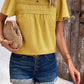 Swiss Dot Smocked Round Neck Short Sleeve Blouse
