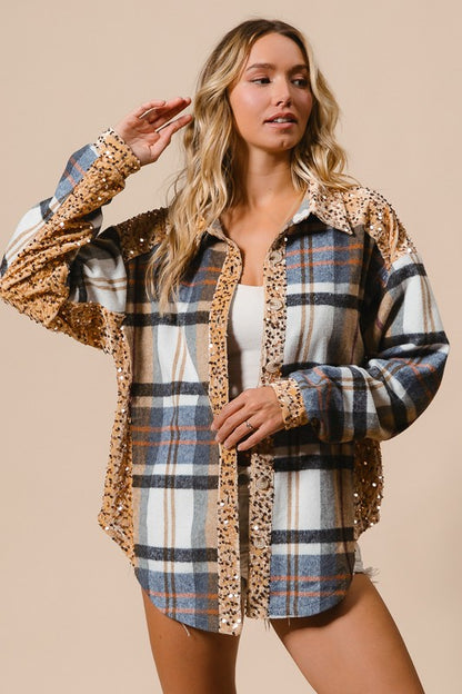 BiBi Curved Hem Sequin Plaid Button Up Shacket - Brand BiBi