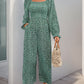 Perfee Smocked Printed Long Sleeve Wide Leg Jumpsuit