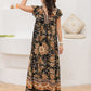 Ruffled Printed Tie Neck Cap Sleeve Dress