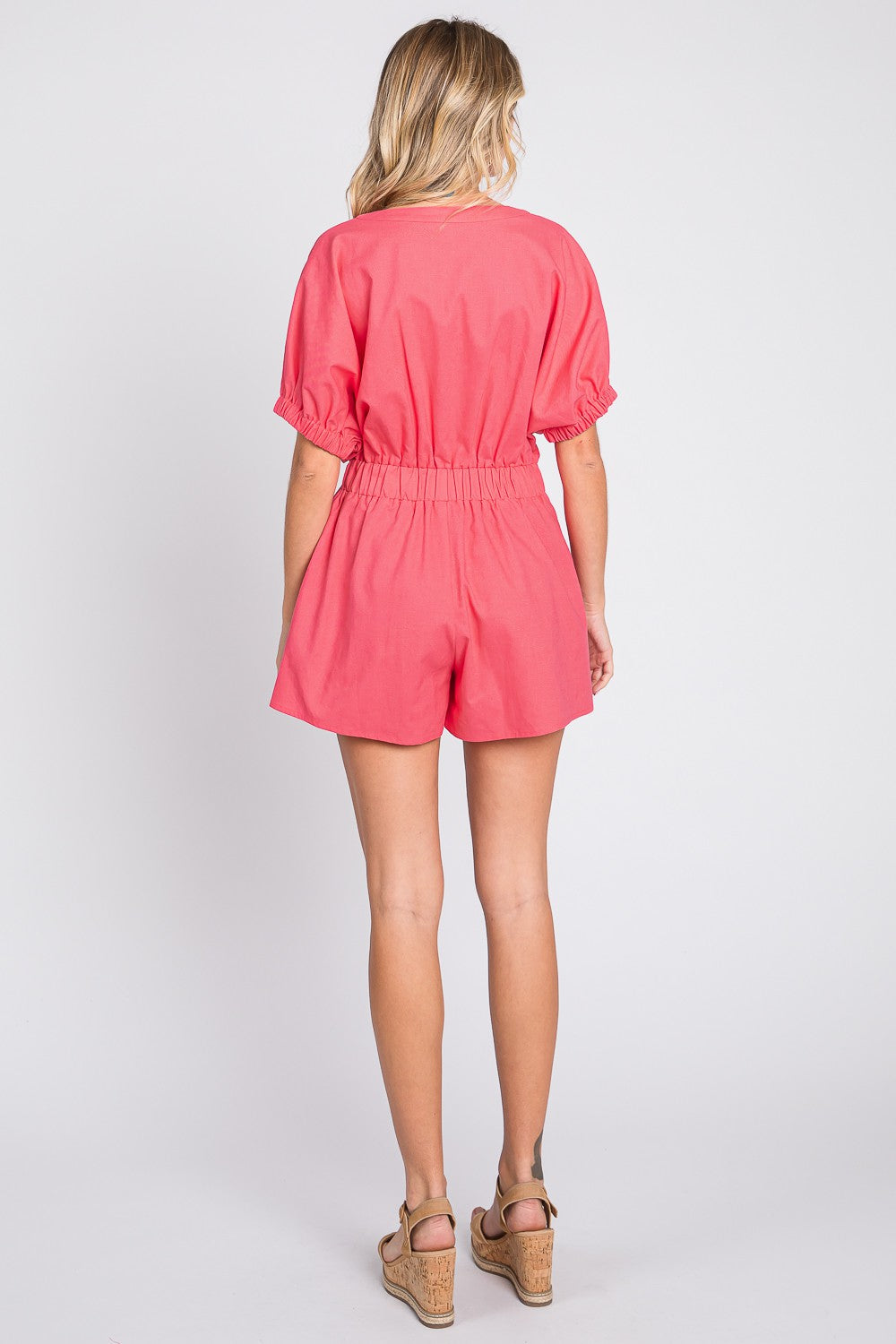 GeeGee Half Button V-Neck Linen Romper *