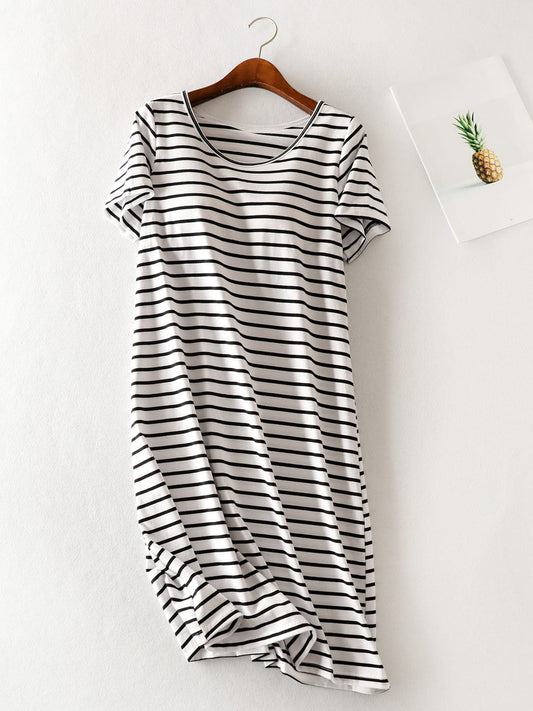 Full Size Striped Round Neck Short Sleeve Dress