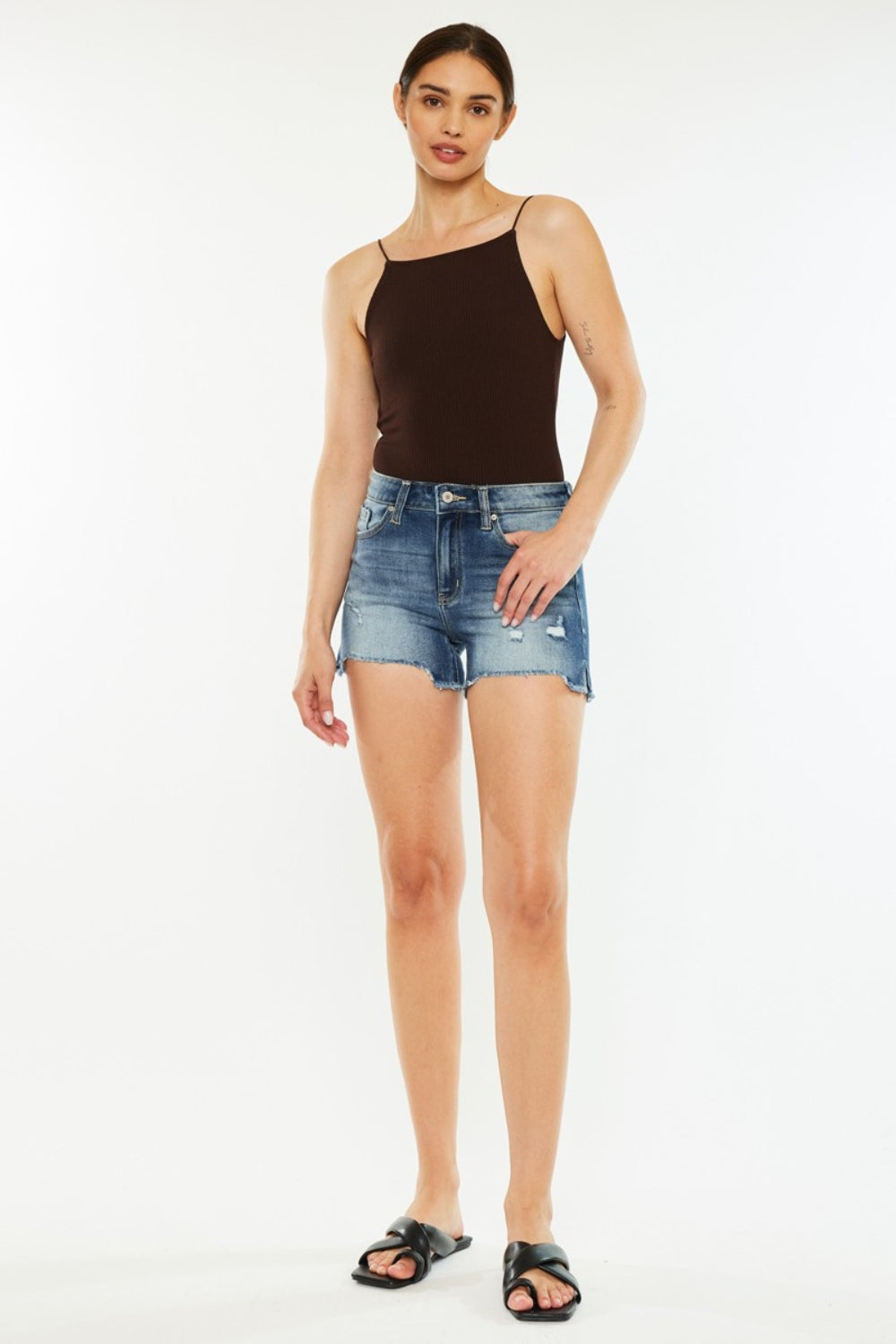 Kancan High Waist Raw Hem Denim Shorts *